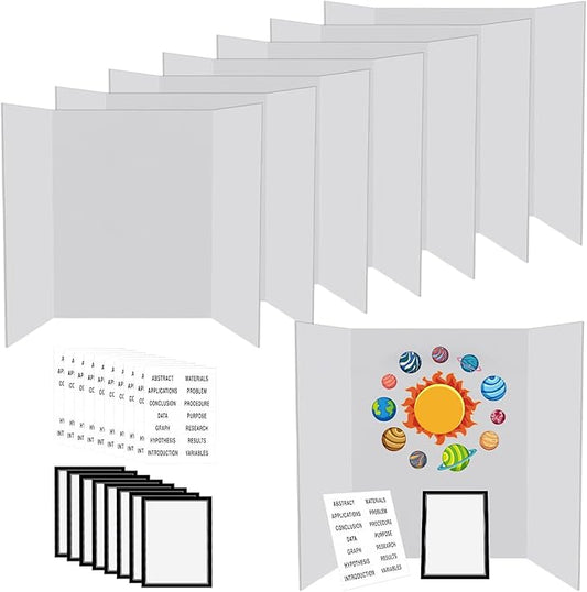 8 Pcs Trifold Display Board 36"x 48" Large White Presentation Board with Board Headers 8 Science Subtitles 64 Black Edge Self Adhesive Paper Poster Board for School Projects and Business Presentations