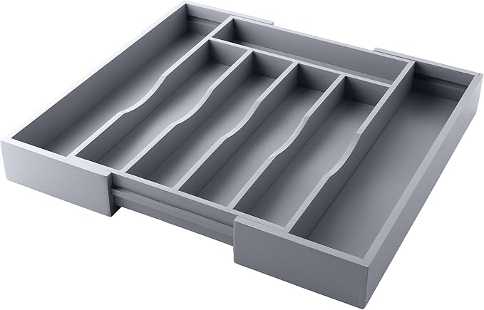 oridom Expandable Bamboo Kitchen Drawer Organizer for Cutlery and Utensils, Adjustable Bamboo Wood Cutlery Tray in Drawer for Flatware and Silverware in Kitchen, (Grey)