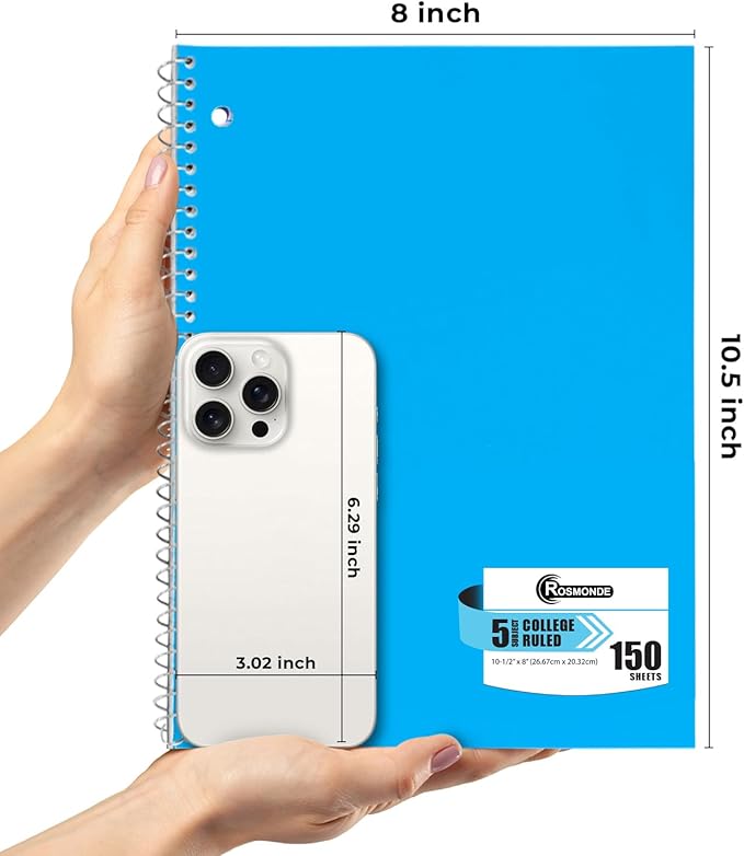 Rosmonde Spiral Notebook 12 Pack, 5 Subject, 300 Pages/Book (150 Sheets), College Ruled, 8 x 10-1/2, School & Office Bulk Spiral Notebooks, Spiral Journal for College, Soft Cover, Assorted Colors