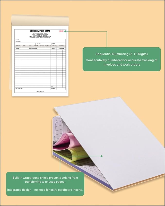 Custom Carbonless Invoice Book with Logo, Personalized Cover & Inner Pages, 2 Part NCR Receipt & Work Order Forms, Easy Tear, Writing Shield for Small Business (2-Part [White/Red], 11.8x8.3INCH)