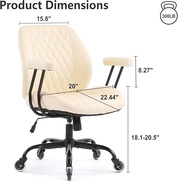 YFO Home Office Desk Chair Office Rubber Casters Ergonomic Computer Chair with Lumbar Support Adjustable Height Rolling Swivel Executive Task Armrests Chair， White Leather
