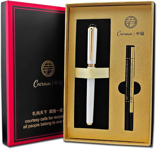 Luxury Ballpoint Pen, 24k Gold Trim, Best Rollerball Pen Gift Set for Men and Women, Perfect for Signature Executive Office, Beautiful Pen Gift Box, Writing and Drawing (White)