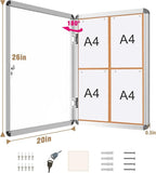 Mifuro 26"x20" Enclosed Bulletin Board, Lockable Weather-Resistant Aluminum Cork Noticeboard for School & Office, Silver Frame w/Cork