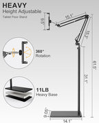 mmcrz Tablet Floor Stand with 11lb Stable Base & Desk Clamp, Adjustable Height Stretchable Arm Swivel Dual Holder, Compatible with iPhone, iPad Pro Air Mini, Galaxy Tab, Kindle, Phones (4.5''-13'')