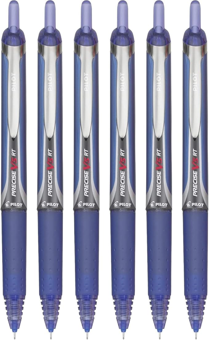 Precise V5 RT Retractable Rolling Ball Pens, Extra Fine Point (.5mm), Blue Ink, 6-pk; Premium Comfort Grip, Bundle with Plastic Reusable Pouch