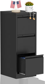 3-Drawer File Cabinet with Lock,Metal Vertical Filing Cabinets for Home Office,Under Desk File Cabinets for Letter/Legal/A4 Size Files,Easy Assemble,Black
