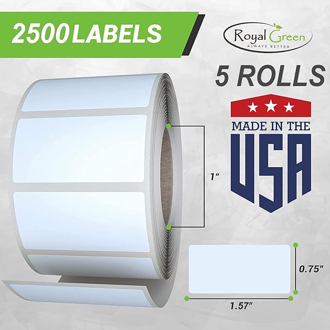 Green Sticker Label Rolls 1.57" x 0.75", 5 Rolls- 2500-Pack, Rectangular Easy Write Labels 40mmx19mm by Royal Green