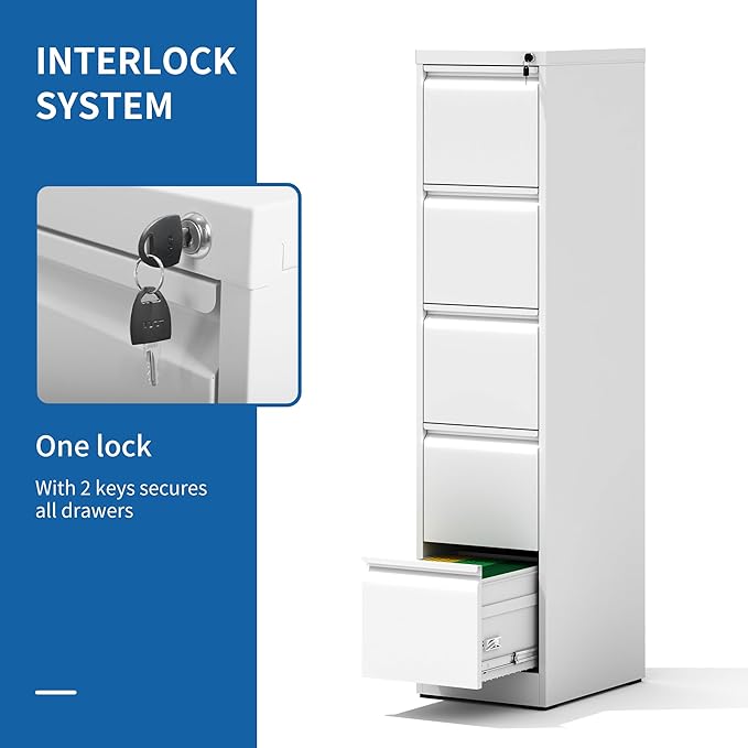 5 Drawer File Cabinet with Lock, Vertical Filing Cabinets for Home Office, Locking File Cabinet Hanging Files for A4/ Legal/Letter, Require Assembly, White