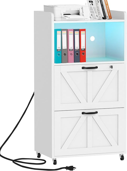 2 Drawer File Cabinet On Wheels & Charging Station, Wood Filing Cabinet with Lock & LED Light, Large Storage Printer Stand for Home Office, White