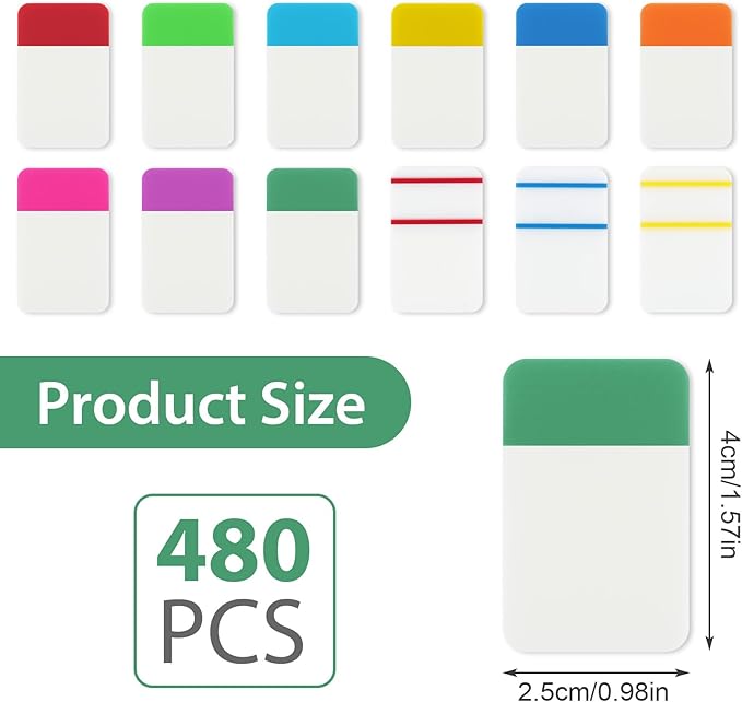 480 Pcs Index Tabs, Colored Sticky Index Tabs Transparent Waterproof Tabs for Books, Writable Repositionable Sticky Tabs for Books Suitable for Binders, Folders, Files, Books