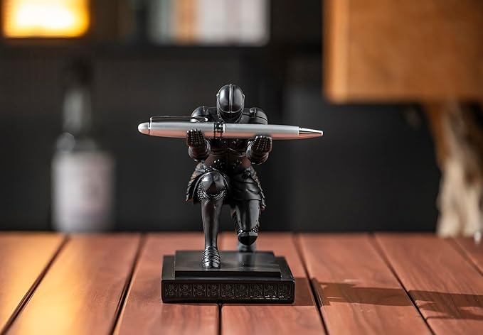 Amoysanli Knight Pen Holder Desk Organizers and Accessories Desk Decor Resin Pen Holder as Gift with a Cool Pen for Office and Home (Black)