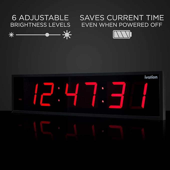 Ivation Huge Oversized 48" Large Digital LED Clock | Big Digital Clock w/Multi-Function Display – Stopwatch, Timer, Alarms, Temp & Date | 6 Brightness Levels, Time Memory & Remote (Red)