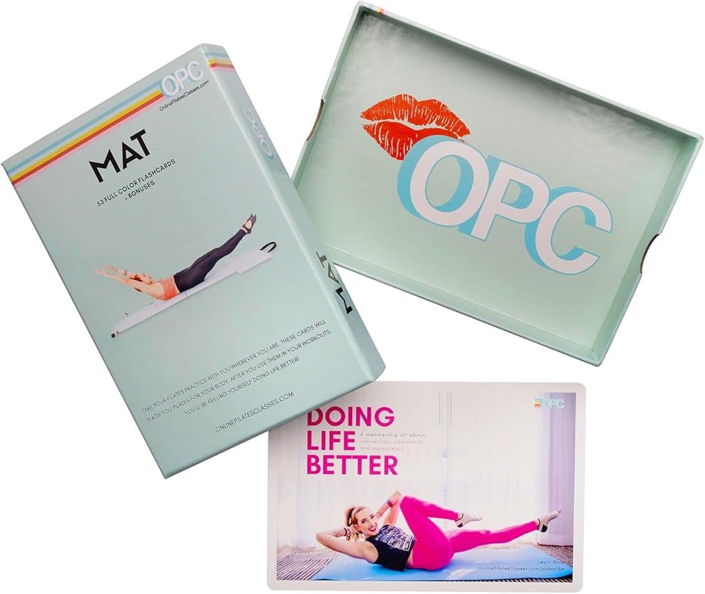 OnlinePilatesClasses Mat Pilates Workout Planner with Video Tutorials, 59 All-Level Exercise Flash Cards Ideal for Yoga, Abs, Core Workouts and Fitness Enthusiasts, No Equipment Needed