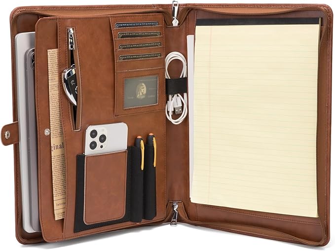 Geslun Personalized Vegan Leather Portfolio, Legal Size 8.5 x 14 Pad Holder, Custom Business Padfolio for Men Women, Zippered 14" Laptop Organizer, Professional Notepad Folio, Brown