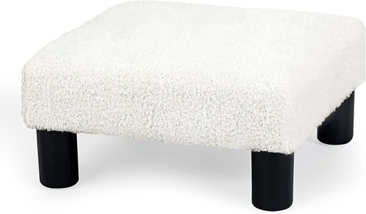 Joveco Small Foot Rest Stool Ottoman, Square Boucle Upholstered Footrest with Plastic Legs, Under Desk Footstool for Chair, Office, Living Room, White