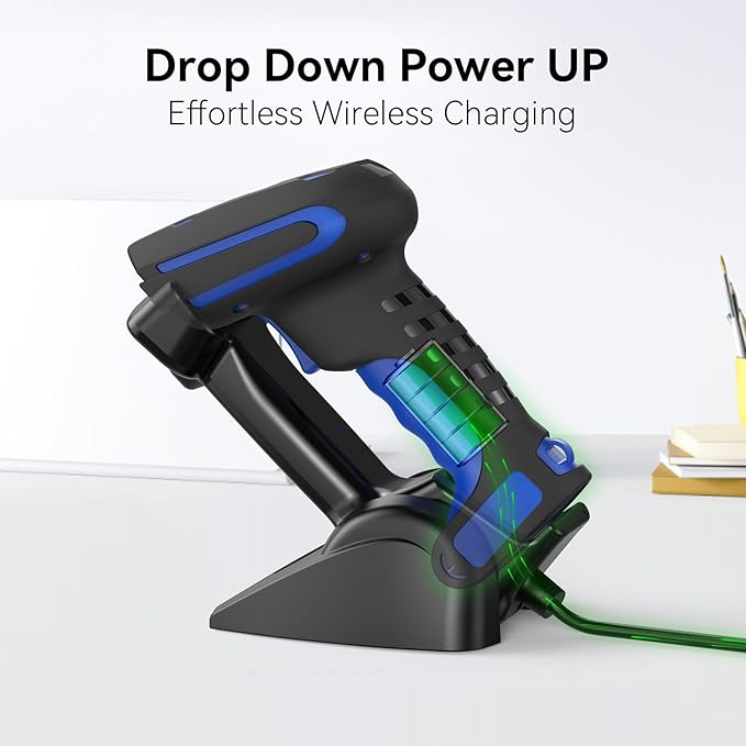 Alacrity Long-Range Scanning Industrial Barcode Scanner, 1D/2D Symbologies, Wireless Charging, Long-Distance 433MHz Wireless & Bluetooth Connectivity, Shock and Dust-Proof Barcode Reader, Green