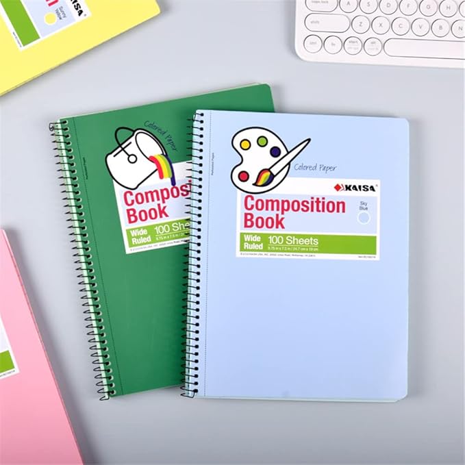 KAISA Colored Paper Spiral Notebook, Wide Ruled 7-1/2"x 9-3/4" Wirebound 1 Subject Notebooks, 100 Sheet/pad 4Pads/Pack, SC10001W
