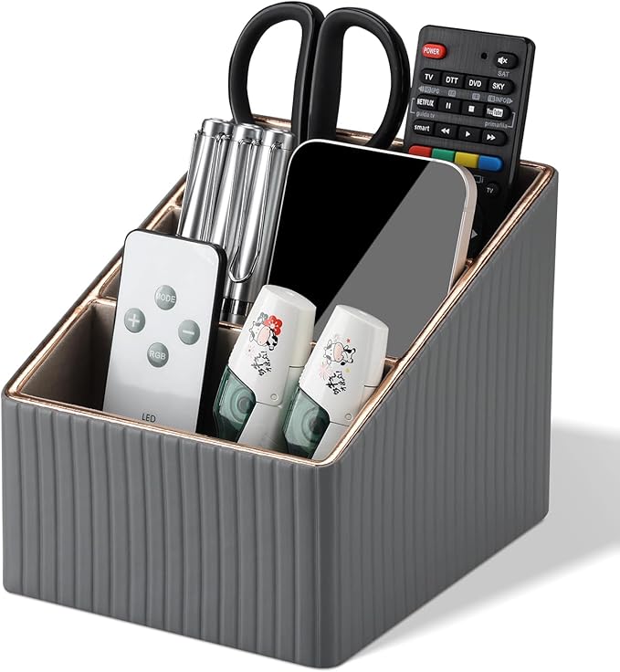 KINGFOM 3 Slot PU Leather Remote Controller Holder, Home Sundries Storage Box, TV Guide/Mail/CD Organizer/Caddy/Holder with Free Cable Desk Organizer (Grey)