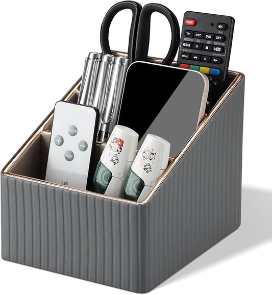 KINGFOM 3 Slot PU Leather Remote Controller Holder, Home Sundries Storage Box, TV Guide/Mail/CD Organizer/Caddy/Holder with Free Cable Desk Organizer (Grey)