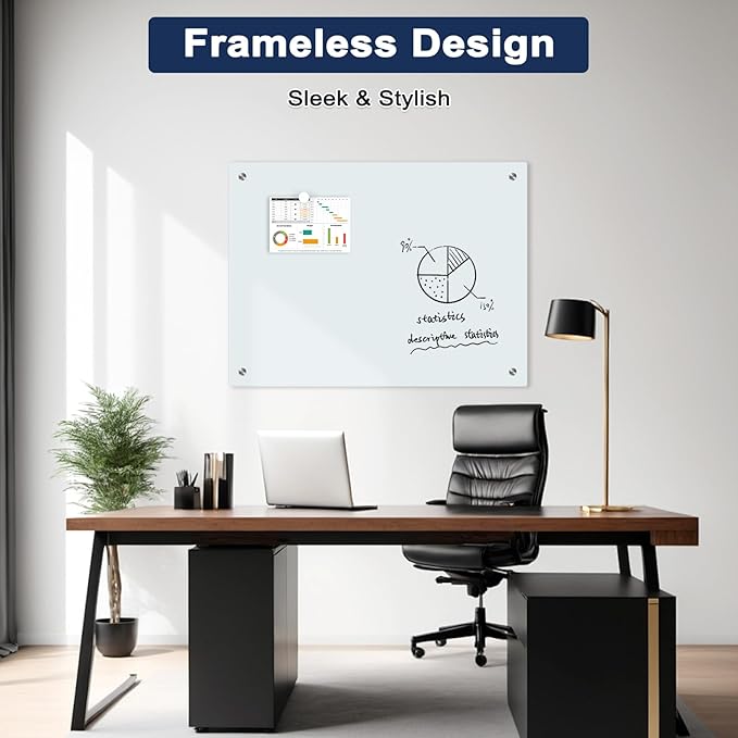 Magnetic Glass Whiteboard, 6' x 4' Glass Dry Erase Board for Wall, 72" x 48" Large Frameless White Board with 1 Marker Tray and 10 Magnets for Office, Home, Classroom - Normal White