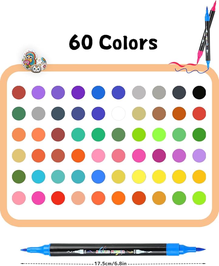 60 Colors Acrylic Paint Markers, Dual Tip Acrylic Paint Pens with Brush and Fine Tips for Kids, Adults, Wood, Canvas, Stone, Rock Painting, Glass, Ceramic Surfaces, DIY Crafts Making
