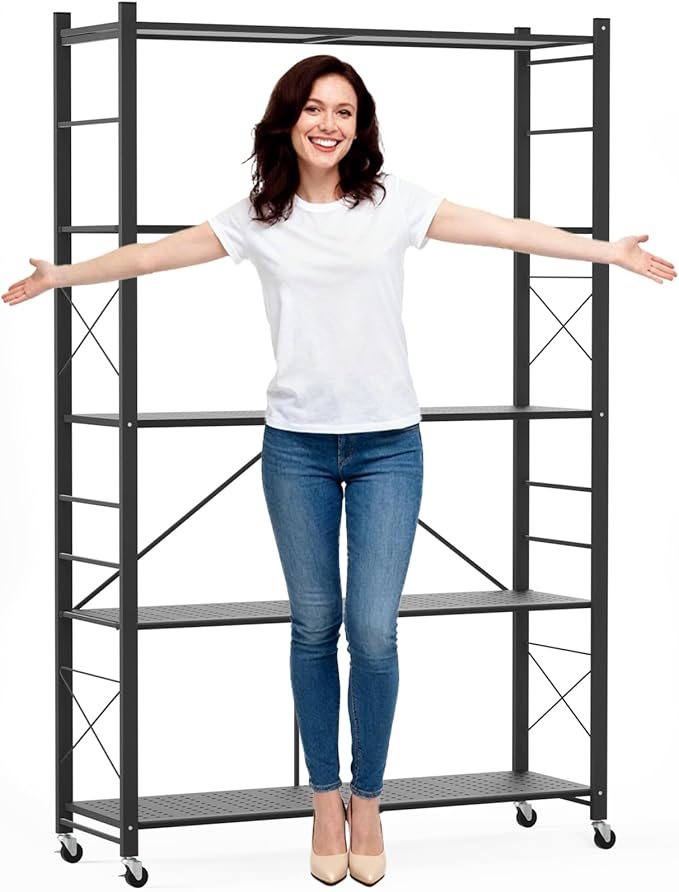 ALANNG 40" W Foldable 5-Tier Storage Shelves with Wheels, Adjustable & Removable Metal Rack, Heavy Duty Rolling Organizer for Kitchen, Garage, Closet, Pantry, and Office (Black,2 Pack)