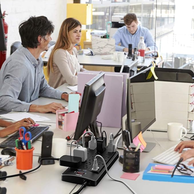 6FT Yintar Surge Protector Power Strip - Flat Plug Extension Cord with 18 AC Outlets for Home, Office, Dorm Essentials, 2100 Joules, ETL, Black