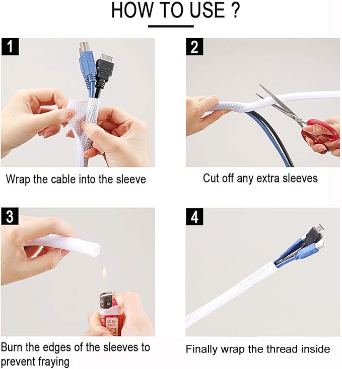 QCSIW 3/4"-25ft Braided Cable Sleeve Protector - Self-Wrapping Split Wire Loom for Home Theater, Pet-Proof Cord Organizer, Heat-Resistant, White
