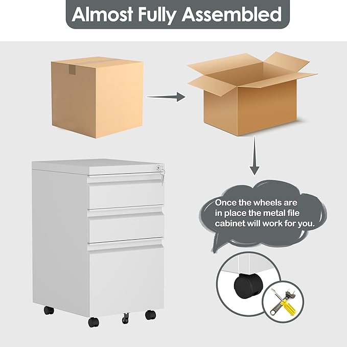 3 Drawer Mobile File Cabinet with Lock, Under Desk Metal Filing Cabinet for Office,Home,A4/Legal/Letter Size, Fully Assembled (White)