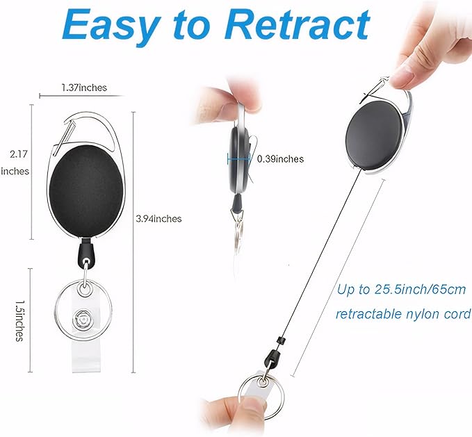 SOVYOULIVE 50 Pack Heavy-Duty Retractable Badge Holders with Carabiner Clip and Key Ring, Black ID Badge Reel for Office, ID Card Holder and Key Chain