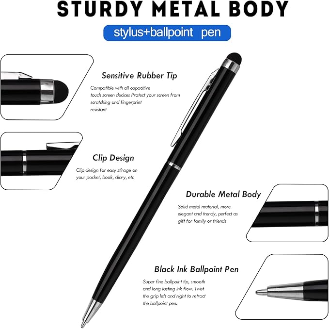 15 Pack Stylus Pens for Touch Screens Stylus Pen Compatible with Phone Tablets Kindle and Black Ink Ballpoint Pens-2 in 1 Stylists pens for Touch Screens (Silver & Black)