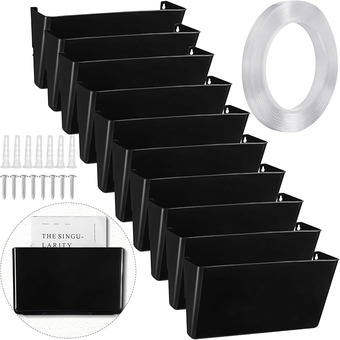 Tenceur 10 Pcs Single Pocket Wall Mount File Holder Black Plastic Wall Pocket with Screws and Tape Hanging File Organizer Letter Holder for Home Letters Mail Magazine Office