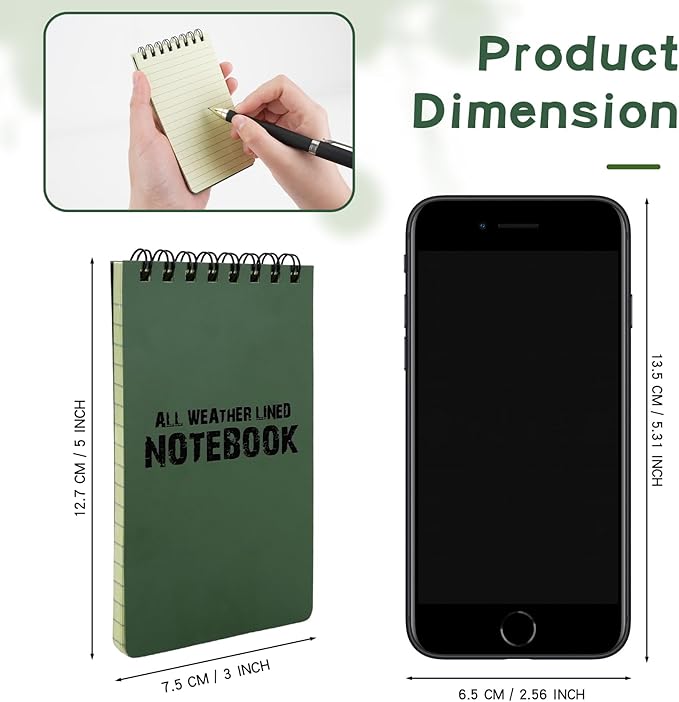 10 Pack Waterproof Notebook, All-Weather Pocket Sized Tactical Notepad, Top Spiral Memo Grid Paper Notepad for Outdoor Activities Recording(Army Green, 3"x5")