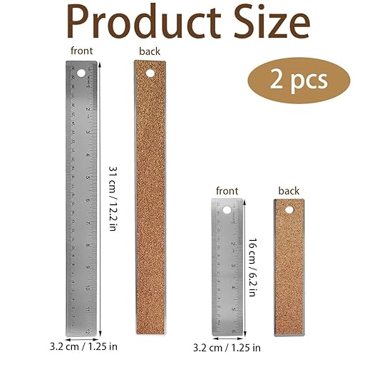 6-Inch and 12-Inch Stainless Steel Metal Ruler with Non-Slip Cork Backing - 2 Pack