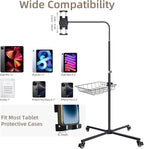 Coslony Adjustable Floor Standing Tablet Stand with Storage Basket, Mobile Rolling Base, Height Adjustable Metal Frame