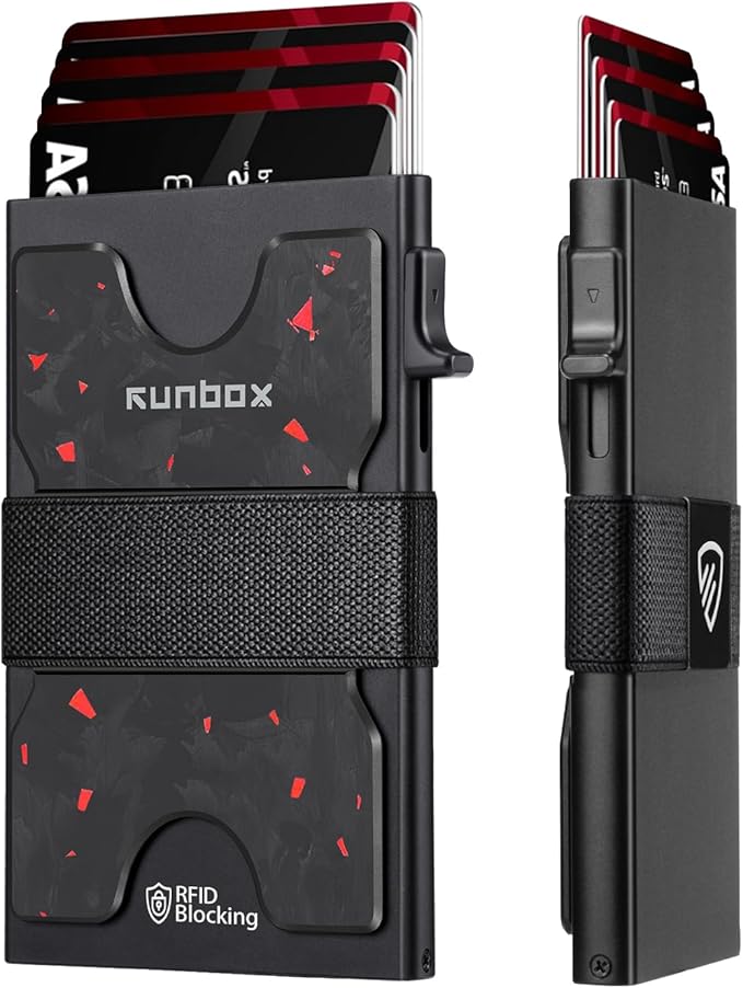 RUNBOX Slim Card Holder Wallet for Men, Minimalist RFID Blocking Wallet with Pop-Up Function, Ultra-Thin Design, Metal Business Card Cases holds 6+6 Cards, Gifts for Men, Men's Accessories