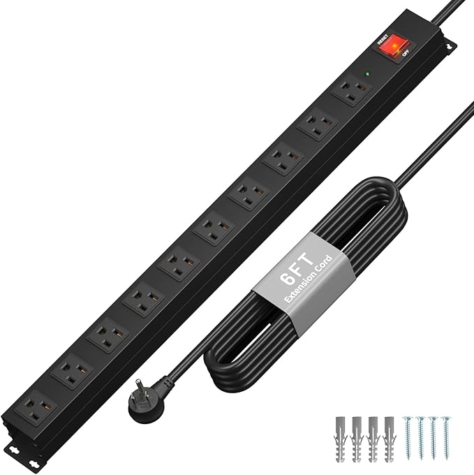 KF 10 Outlet Long Power Strip, Heavy Duty Surge Protector with 2100J, 15A/1875W Wall Mount Power Strip with Upgraded Switch, 6FT Extension Cord, Black