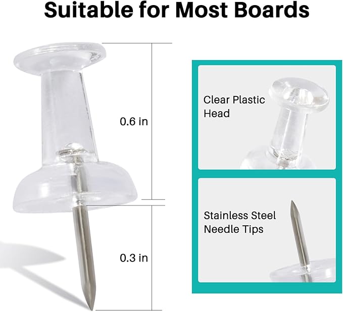 60Pcs Push Pins for Bulletin Board, Thumb Tacks for Cork Board, Clear Plastic Head, Steel Tip, Thumbtacks for Wall Poster Photo Maps Pictures Office Home Decor