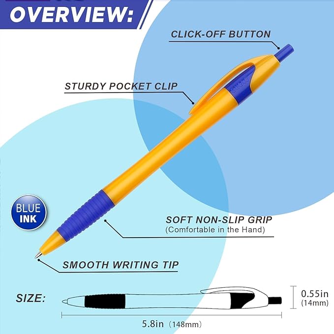 Pens Bulk, 60Pack Blue Gripped Slimster Bulk Ballpoint Smooth Writing No Smear, Blue Ink 1.0mm, Wholesale Click Retractable Server Pens, School Office Supplies
