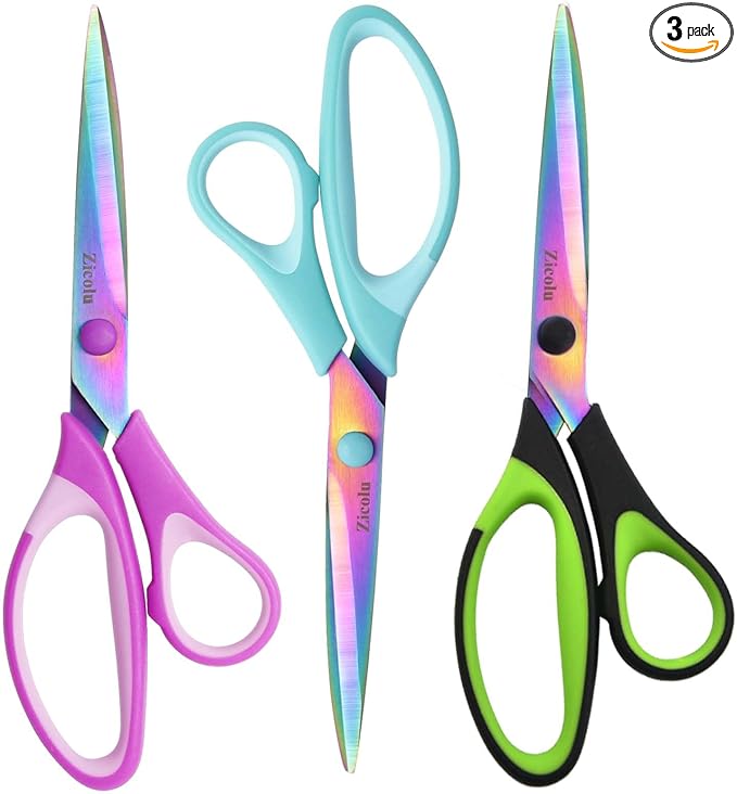 8.5" Scissors All Purpose, Multipurpose Office Scissors Set, Titanium Coating Sharp Blade, Soft Comfort-Grip, Ideal for Fabric, School, Home, Craft & Sewing, Right/Left Handed, Assorted Color, 3 Pack
