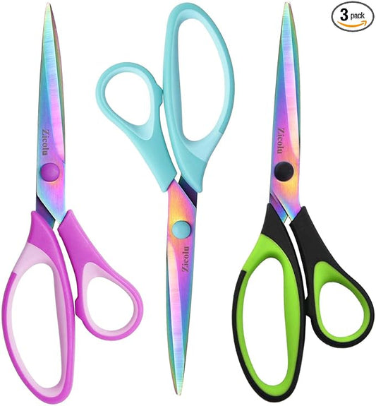 8.5" Scissors All Purpose, Multipurpose Office Scissors Set of 3 pack, Sharp Titanium Coating Blade and Soft Comfort-Grip Sturdy Scissors for Fabric School Craft Sewing Home, Right/Left Handed
