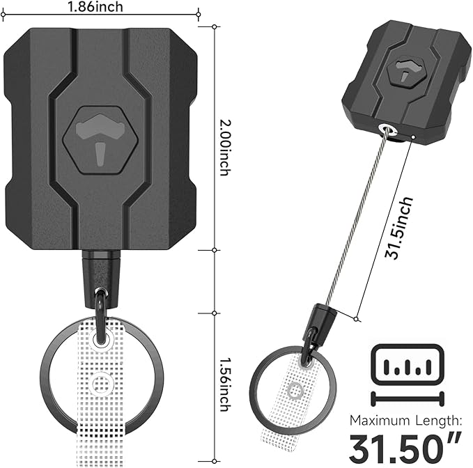 VYNCS Retractable Keychain Badge Holder with Belt Clip, Heavy Duty Carabiner ID Badge Clip Reel, 32” Steel Retractable Cord, 10 oz Rebound，1pcs Black Belt Clip