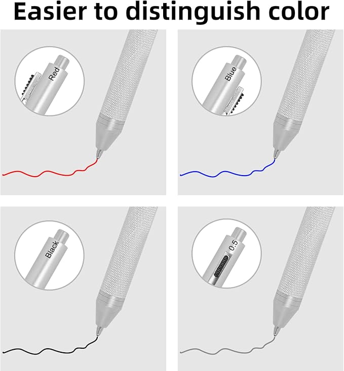 YOUMI 멀티컬러 펜 4 in 1 다기능 펜, 금속 케이스 0.5mm 샤프 레드 볼펜, 블루 볼펜 및 블랙 볼펜, 저널링용 선물 (블루)