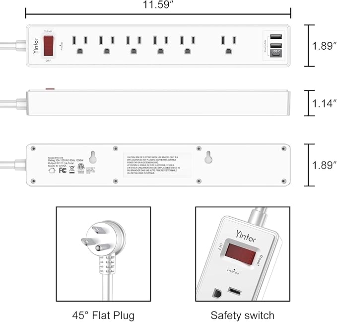 6 Ft Power Strip Surge Protector - Yintar Extension Cord with 6 AC Outlets and 3 USB Ports for Home, Office, Dorm Essentials, 1680 Joules, ETL Listed, White