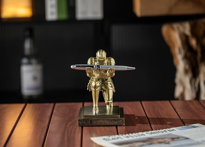 Amoysanli Knight Pen Holder Desk Organizers and Accessories Desk Decor Resin Pen Holder as Gift with a Cool Pen for Office and Home (Copper)