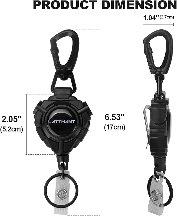 LATTHANT Badge Holder Retractable Clip, Heavy Duty Retractable Keychain with 31.5 in Smooth Steel Cord, Durable 360-degree Rotating Carabiner Badge Holder for Work, Fishing, Car Key, 9 oz