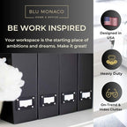 BLU MONACO Foldable Black Magazine File Holder – Set of 6 | Cardboard Desk File Organizer Boxes with Leather Label Holders | Vertical Magazine Storage for Office, Classroom & Home