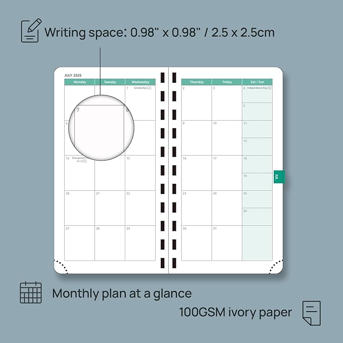 POPRUN 2026 Pocket Planner (Slim Size 3.5" x 6.5") Weekly and Monthly Calendar for Purse, with Hourly Time Slots, 100GSM Thick Paper, Spiral Soft Cover, Pen Holder - Purple