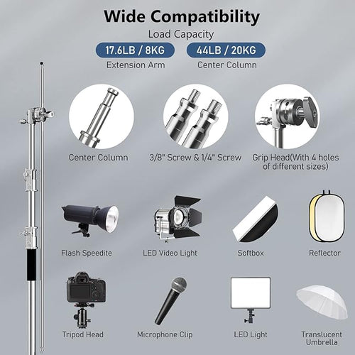 2 Pack Photography C Stand with Boom Arm: 100% Stainless Steel - Max Height 10.5ft/131inch Heavy Duty Light Stand, with 4.2ft/50inch Holding Arm, Grip Head, Sandbag, Backdrop Clamp