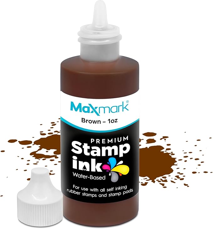 MaxMark Premium Refill Ink with Control Tip Bottle for Self-Inking Stamps, Brown Color - 1 oz.